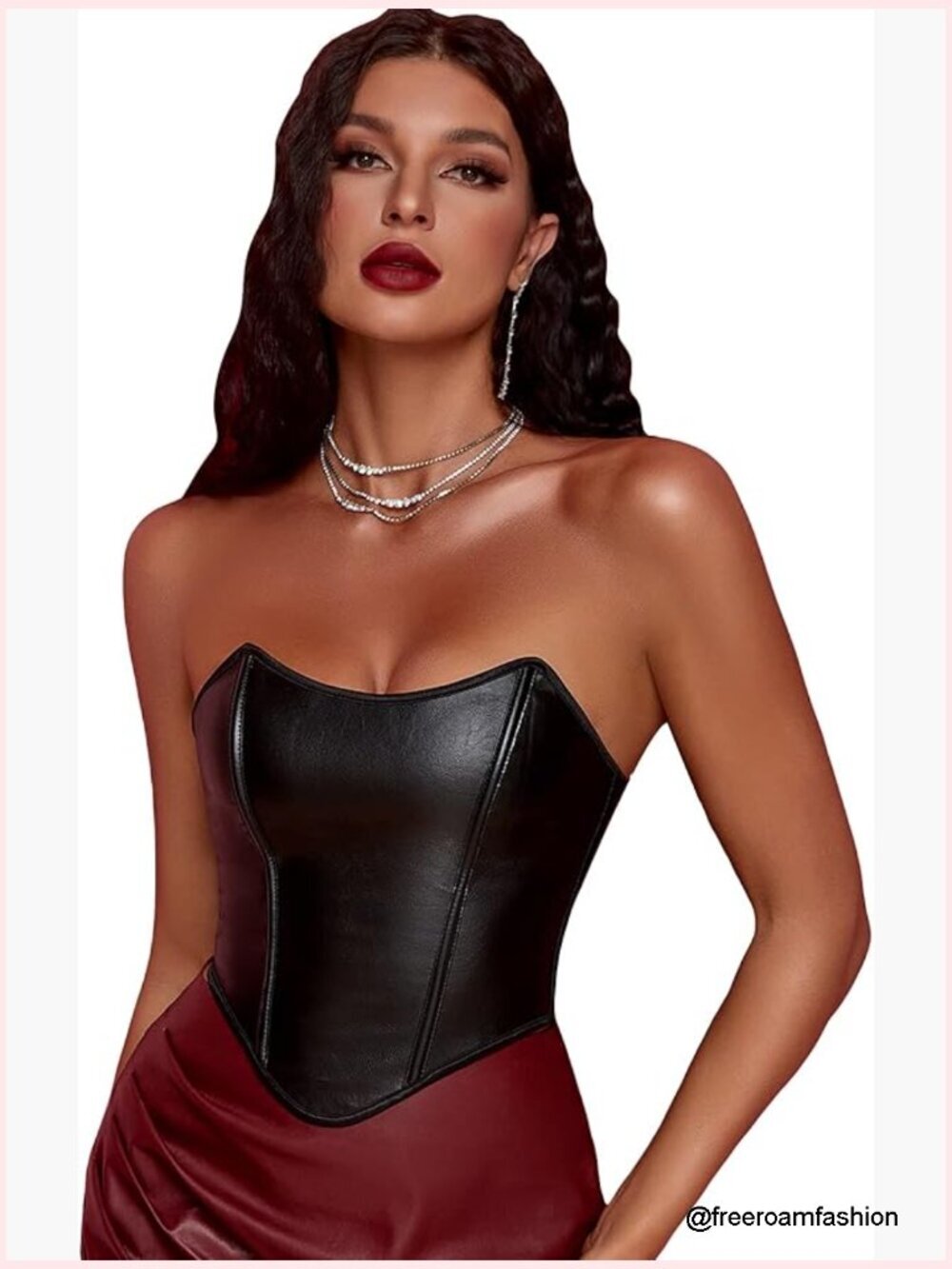 PU Leather Overbust Corset Top Strapless Lace Up Boned Shapewear Bustier